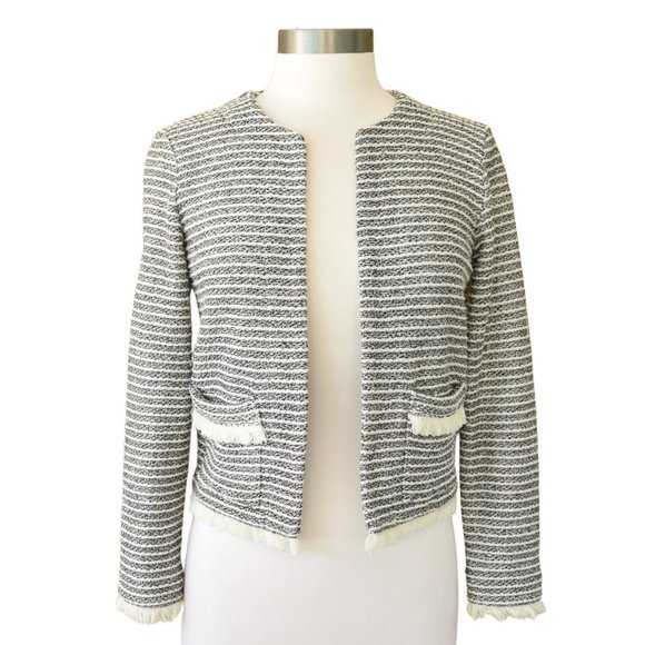 CLUB MONACO Tweed Stripe Fringe Crop Blazer - Picture 1 of 8